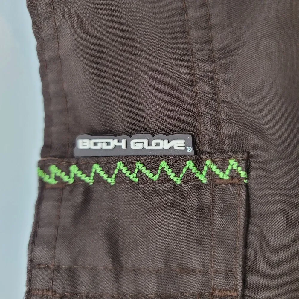Body Glove Men's Brown Board Shorts Swim Trunks Neon Green Surf Cargo Pocket Lg